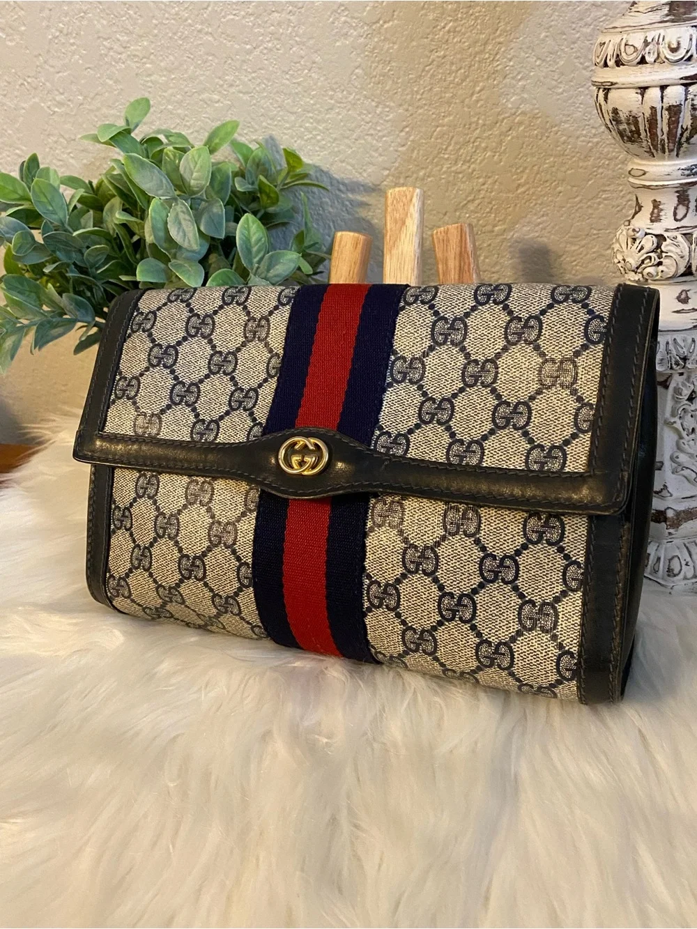 Gucci Parfume Beige/Navy/Red GG Canvas Fold-Over Clutch or Pouch with Web Stripe